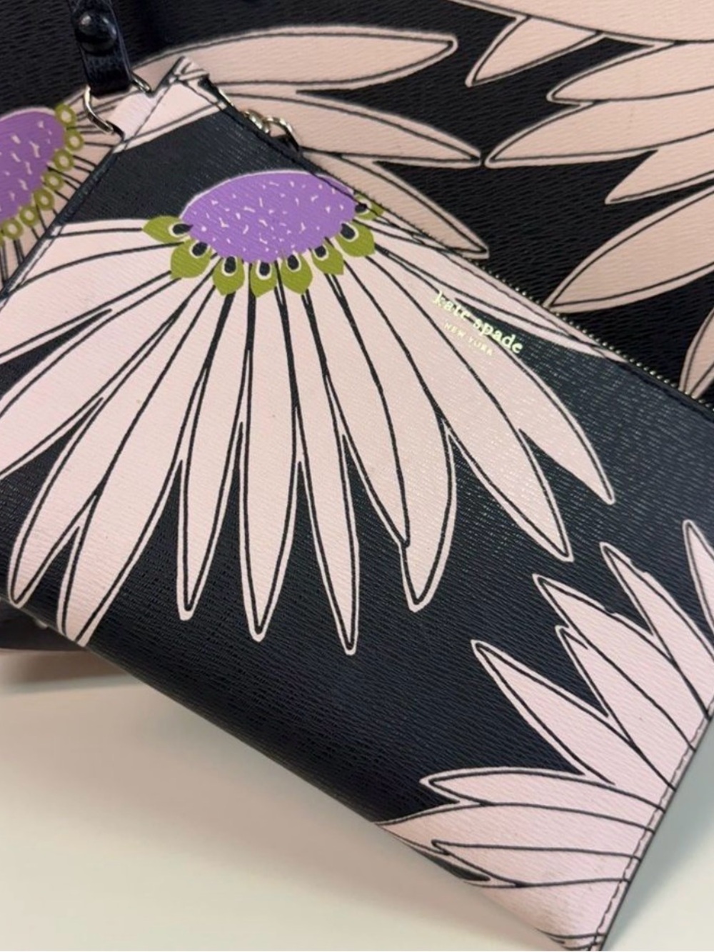 Kate Spade “Molly” Black Tote (with Wallet) with Pink and Purple Floral Print - Picture 5 of 7
